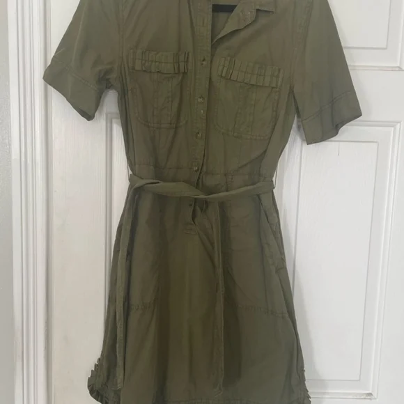 J. CREW Utility Shirt Ruffle Belted Dress - Khaki - Picture 3 of 8